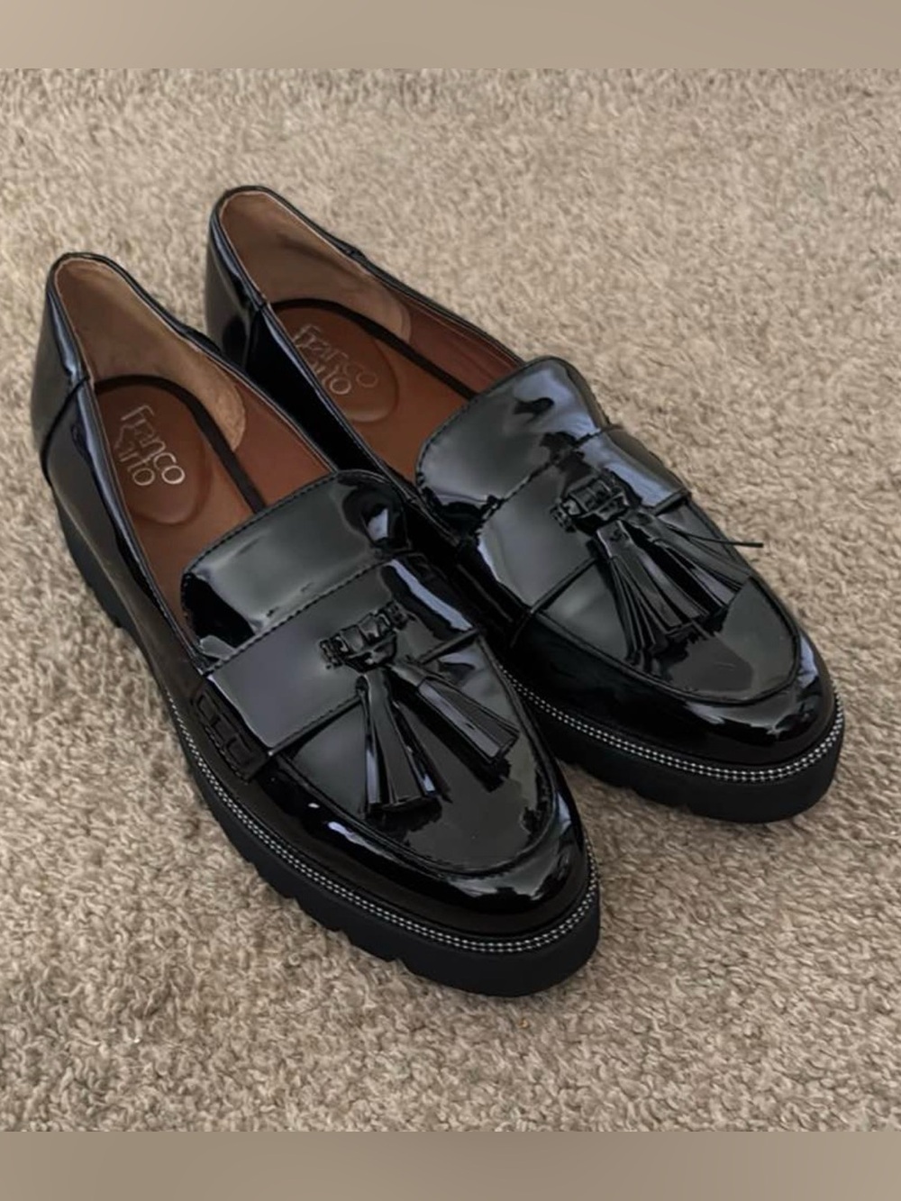 Franco Sarto Black Patent Tassel Platform Loafers